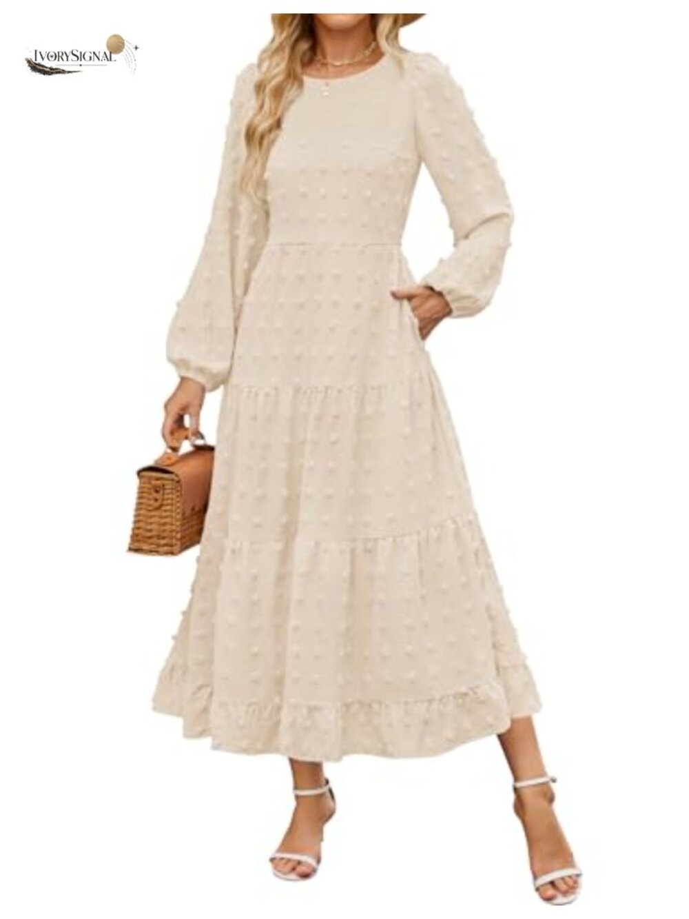 Women's Long Sleeve Swiss Dot Maxi Dress A-Line Tiered Wedding Guest